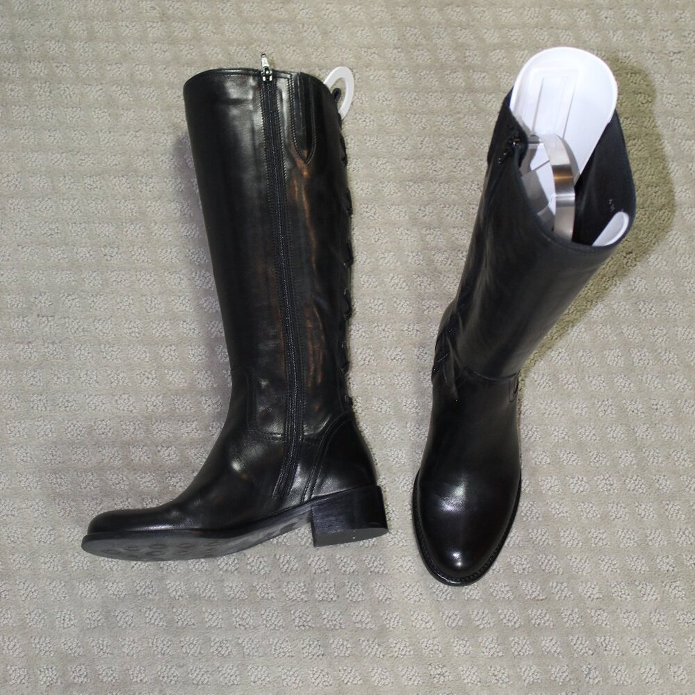 Sesto Meucci Women 4M Tall Knee Riding Black Leather Zip Up Boots Italian Made